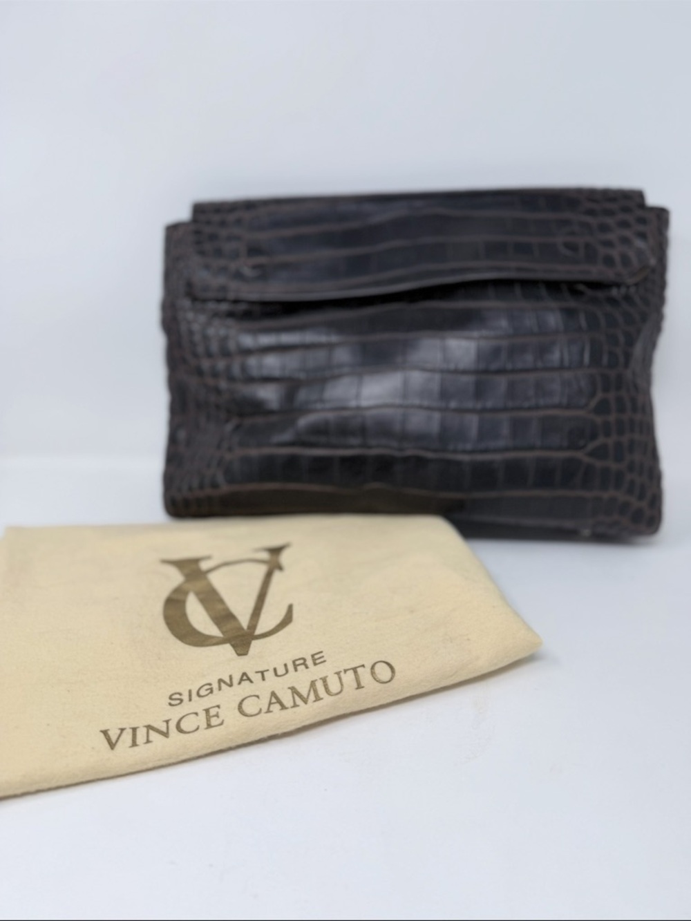 Vince Camuto Dark Brown Croc-Embossed Leather Tote with Matching Pouch - Picture 4 of 10